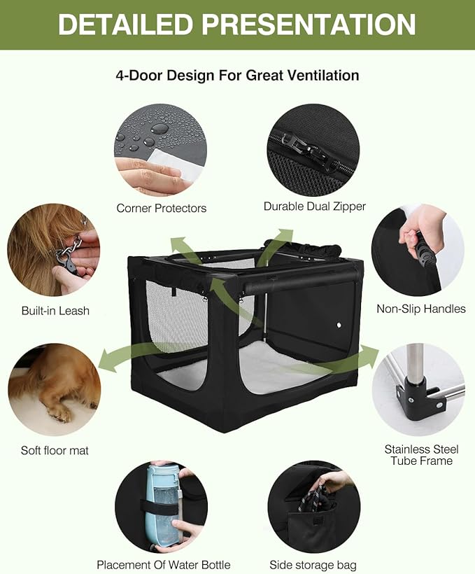 42-Inch Collapsible Travel Dog Crate, Portable 4-Door Soft Kennel for Medium to Large Dogs, Chew-Proof Mesh Windows, Indoor/Outdoor Use, Foldable, with Storage Bag (Black)