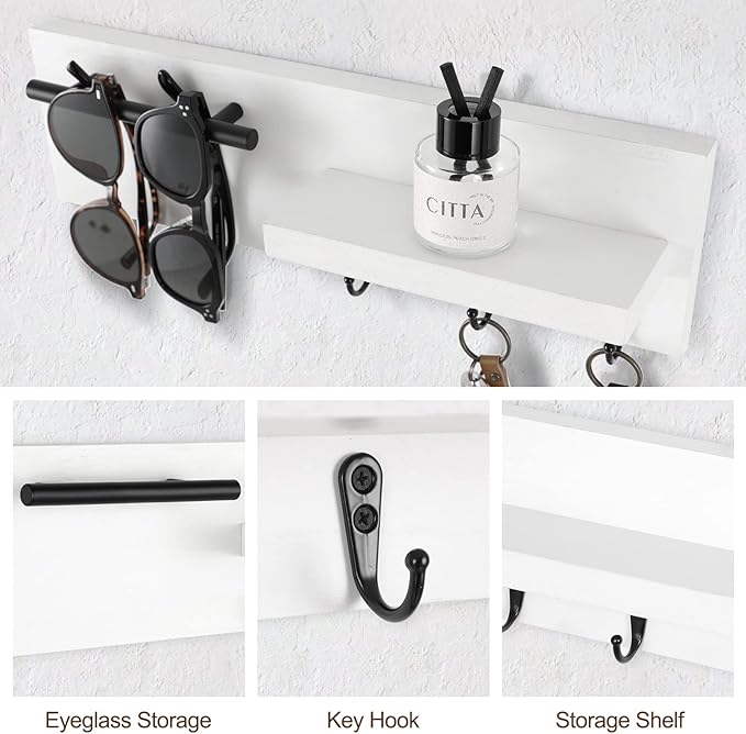 Key Holder for Wall, Decorative Entryway Shelf with Hooks Holds Keys, Dog Leash, Sunglasses – Key Hanger with 3 Hooks Organizes, Enhances Home Decor (15” x 4.5” x 2.6”) (White)
