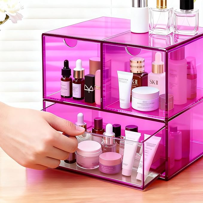 Gelite Desk Organizer with 3 Storage Drawers for Makeup Office Acrylic Desktop Drawer Organizer for Vanity Office Organization and Storage Box, Purple