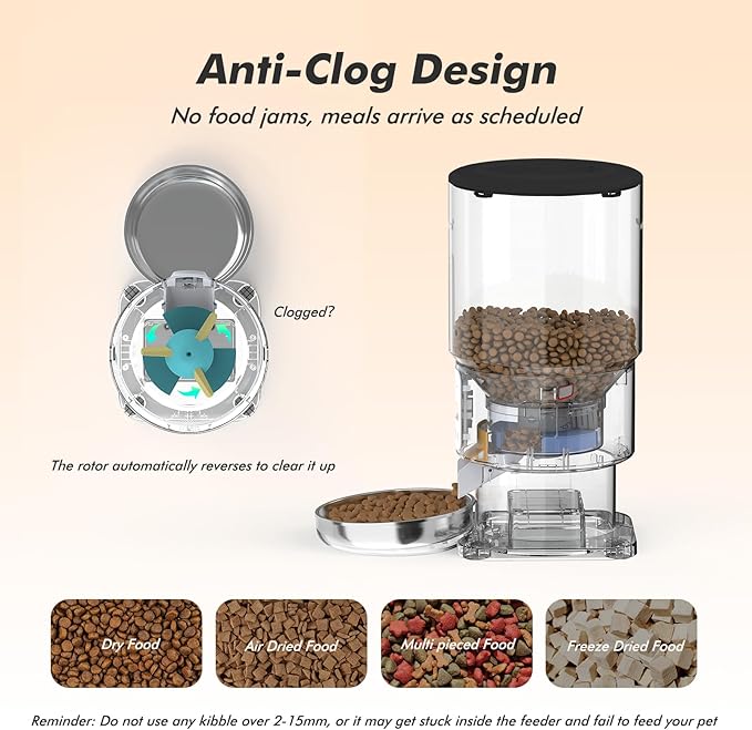 Automatic Cat Feeder - 5L Anti-Clog Cat Food Dispenser Keeps Dry Food Fresh, 10s Voice, 1-6 Meals/Day, Programmable Portions, 180-Day Battery Life, Easy to Clean Auto Pet Feeder for Multi Cats & Dogs