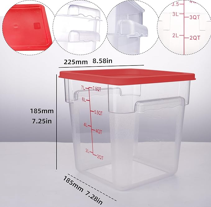 2 Pack RED Square Food Storage Container With Lid,Commercial Storage Box With Scale & Handle,Cake Making,Dough Marinating Meat,Kitchen Supplies (8 Quart)
