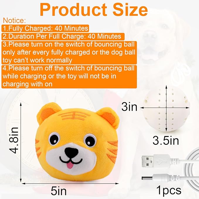 Mity rain Interactive Dog Toys, Active Moving Pet Plush Toy for Dogs, Dog Squeaky Moving Ball Toys with Chewable Plush Cover&Music for Small Medium Large Dogs Chasing (Tiger Pattern)