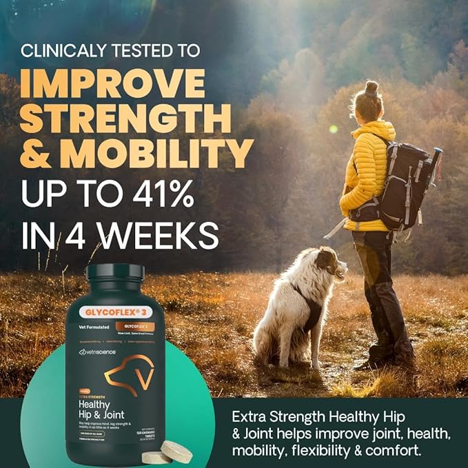 VetriScience Extra Strength Healthy Hip & Joint Chewable Tablets, GlycoFlex Glucosamine and Green-Lipped Mussel Joint Support Supplement for Dogs, Soothe Joint Discomfort, Chicken, 120 Count
