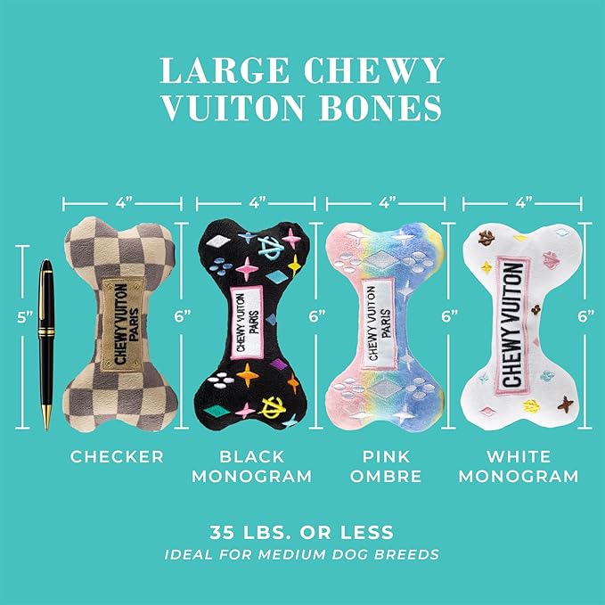 Haute Diggity Dog Large Chewy Vuiton Bones Plush Dog Toys for Small, Medium & Large Dogs, 4-Pack Durable Stuffed Designer-Inspired Pet Toys with Interactive Squeaker, Machine-Washable & Safe