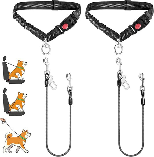Idepet Dog Seat Belt for Car, 2 Pcs Stainless Steel Chew Proof Dog Seatbelt 3 in 1 Harness for Safety Heavy Duty Pet Seat Belt for Medium & Large Dogs (Black+Black)