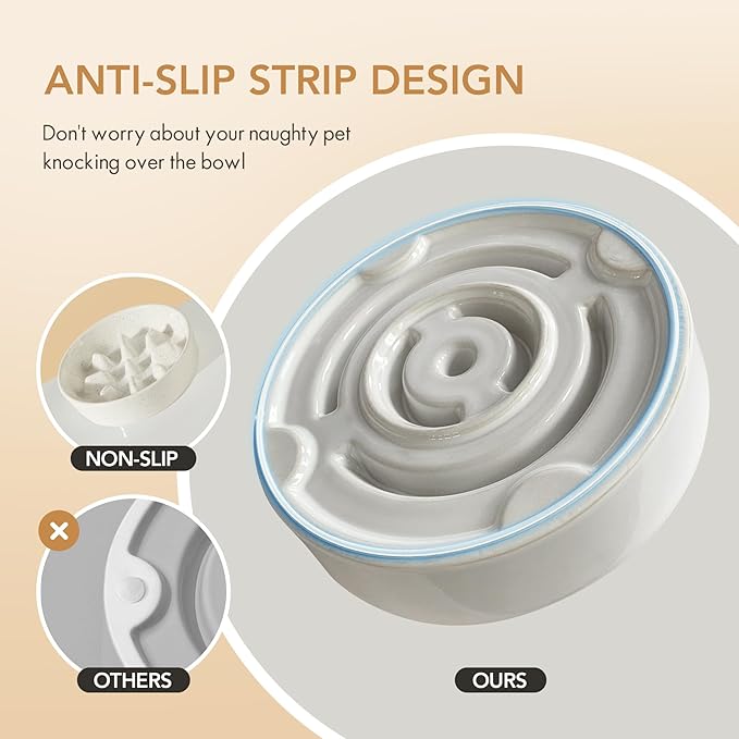 Ceramic 1.2 Cup Dog Bowl Slow Feeder, 7.3 inch Slow Pet Food Dish for Medium and Small Dog, Stop Bloat, Preventing Choking(Single Bowl, Vanilla White)