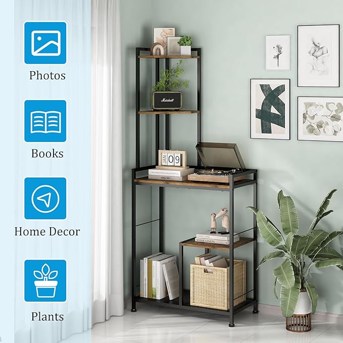 GILLAS 5 Tier Corner Shelf Stand, Freestanding Corner Shelf Unit Bookshelf, Corner Table with Shelf, Tall Storage Organizer Rack for Living Room, Bedroom, Office. Small Space, Metal