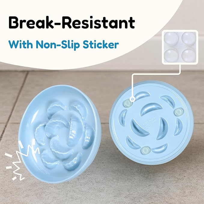 2 Pcs Cat Slow Feeder Bowl Set - Unbreakable Melamine Puzzle cat Bowl for Slow Eating - Cat Dish for Wet & Dry Food- Whisker Friendly & Dishwasher Safe & Non Slip Design - 6.3 x 6.3 '' (Blue+White)