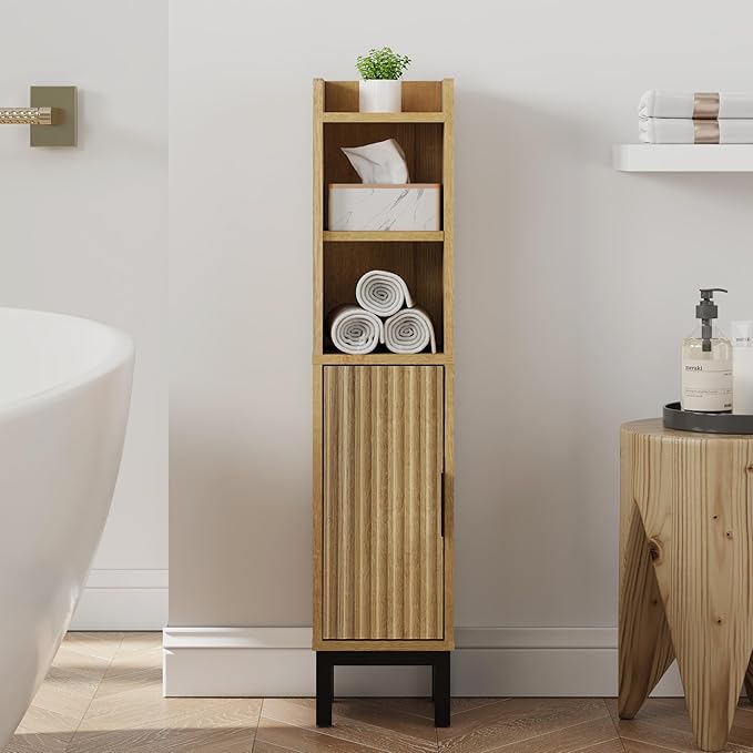 Small Bathroom Storage Cabinet, Corner Narrow Toilet Paper Floor Cabinet with Door and Shelves,Bathroom Organizer with Adjustable Shelf, for Small Spaces (Oak)