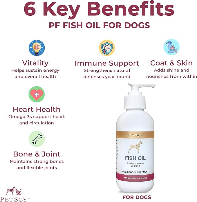 PetScy Omega-3 Fish Oil for Dogs – Supports Healthy Skin, Shiny Coat & Joint Mobility | Pure Wild-Caught Fish Oil with EPA & DHA | Natural Dog Supplement for All Breeds & Sizes – 8 fl oz