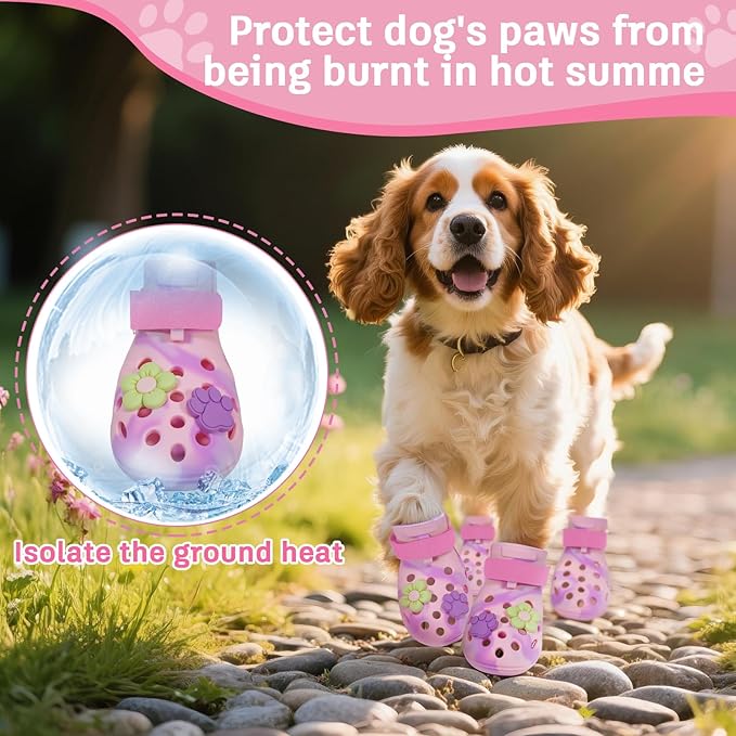 Dog Shoes for Hot Pavement, Adjustable Magic Tape Boots for Small, Medium & Large Dogs, Anti-Slip, Easy to Clean Paw Protectors for Beach, Outdoor & Hot Weather (Pink S)