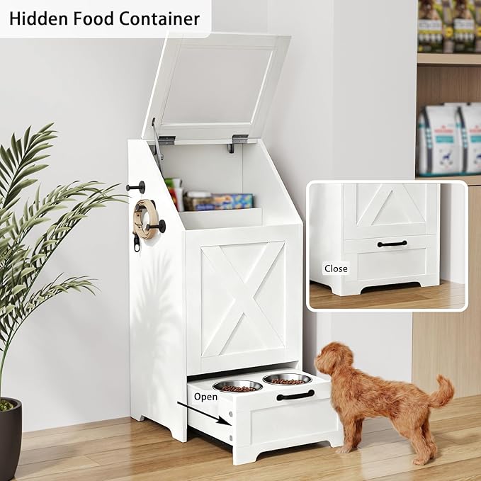 Dog Feeding Station with Storage Cabinet and 2 Elevated Dog Bowls, Hidden Pet Food Storage Organizer for Dog &Cat, Modern Dogs Furniture, White