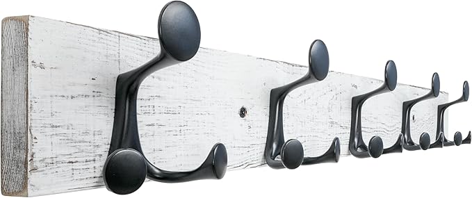 SKOLOO 30-Inch Wood Coat Rack Wall Mount with 5 Triple Hooks - Ideal for Family Entrances, Classrooms, and Pet Supplies Storage - Perfect Coat Hooks for Wall,Distressed White Wash