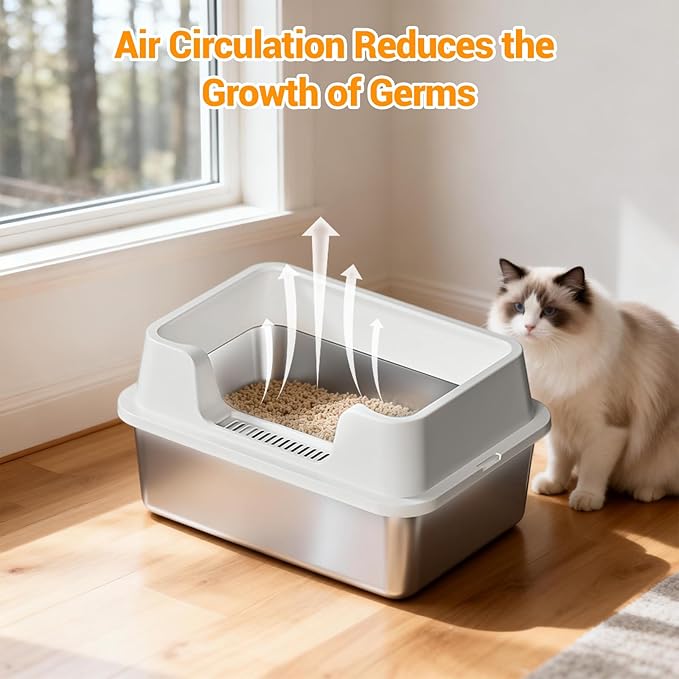Enclosed Stainless Steel Cat Litter Box with Lid Extra Large Litter Box for Big Cats XL Metal Litter Pan Tray with High Wall Sides Enclosure, Non-Sticky, Anti-Leakage, Easy Cleaning