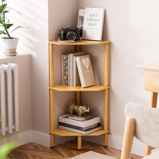 3 Tier Bamboo Corner Shelf, Storage Stand with Adjustable Feet, Small Space Corner Bookcase, Outdoor Plant Stand, Space-Saving Organizer for Bathroom Kitchen Living Room
