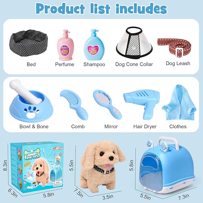 14pcs Robot Dog Toys for Kids Girls Boys 3-6, Realistic Electronic Interactive Plush Toy Dog with Walk & Bark, Pretend Play Puppy Pet Care Playset, 3 4 5 6 Year Old Girl Birthday Gift Ideas