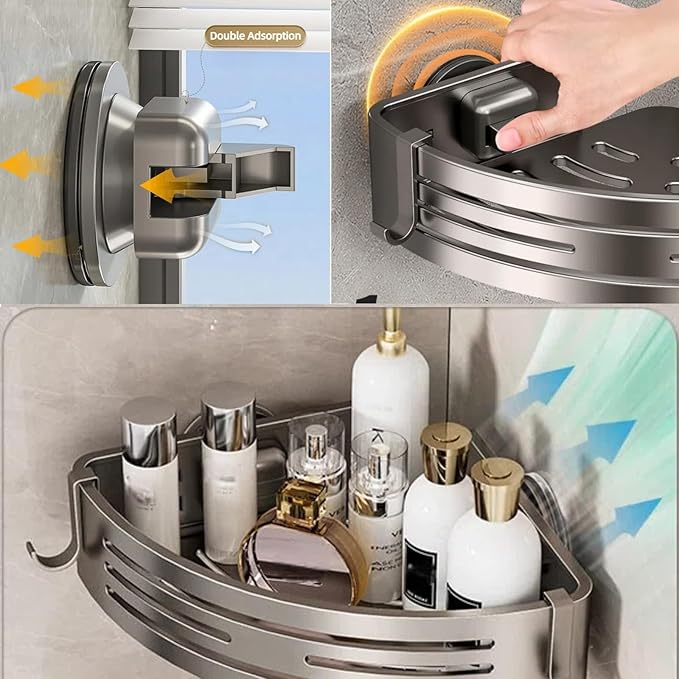 3Pcs Corner Shower Shelf Caddy Suction Cup, No Drill Hole with Towel Bar and Hook, Gray Bathroom Storage Rack, Zero Drill Triangle Shelves, Store Toiletries and Bath Towel for Bathroom Kitchen RV