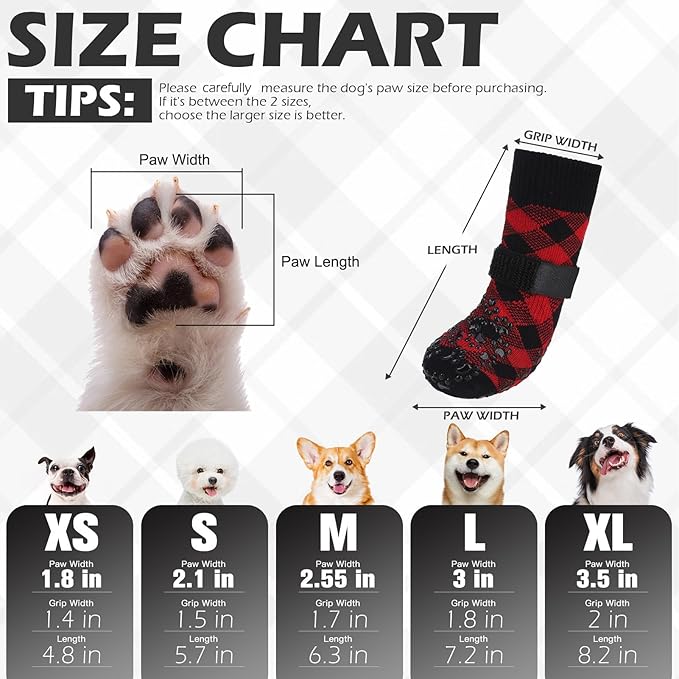 EXPAWLORER Dog Socks for Cold Winter Snow to Prevent Licking Paws, Anti Slip Doggie Booties Grippy Shoes for Hardwood Floors, Boots & Paw Protectors for Small Medium Large Senior Dogs Red Black XS