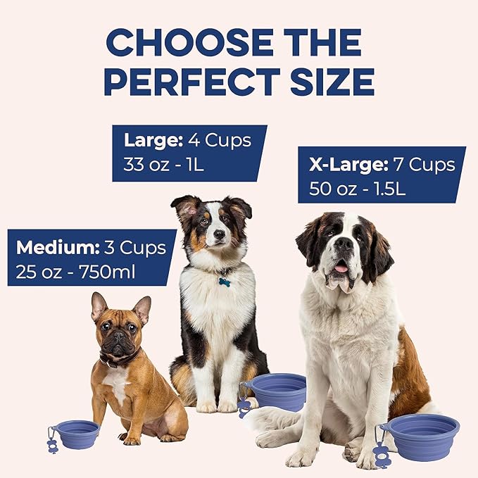 Bonza Collapsible Dog Bowls - 2 Pack, Small 12 oz, Dog Travel Accessories, Silicone Portable Dogs Bowl & Water Dish with Reinforced Rim & Carabiner for Hiking, Camping, and Car Trips, Navy Blue