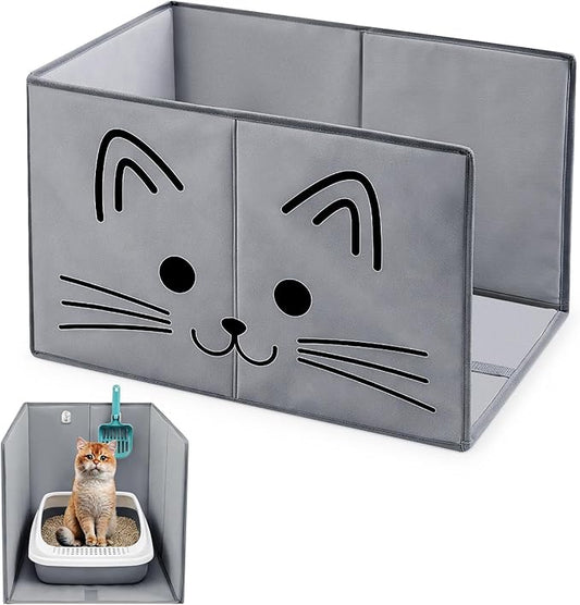 27.8"L×19.5"W×16.93"H Foldable Cat Litter Box Enclosure Splash Guard with Removable Mat, Cat-print Casing, Large High Sided for Litter Pan Water Resistant Easy Clean Anti-leakage Pee Shields