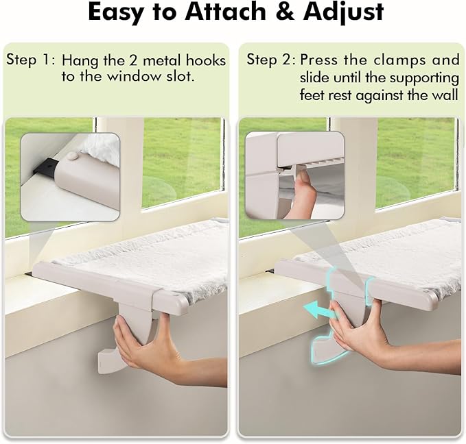 Window Sill Mount Cat Perch for Indoor Cats, One-Step Sliding Clamping Slot Adjustment Cat Hammock with Washable Cover, No Suction Cups Pet Bed for Windowsill & Bedside (Large)