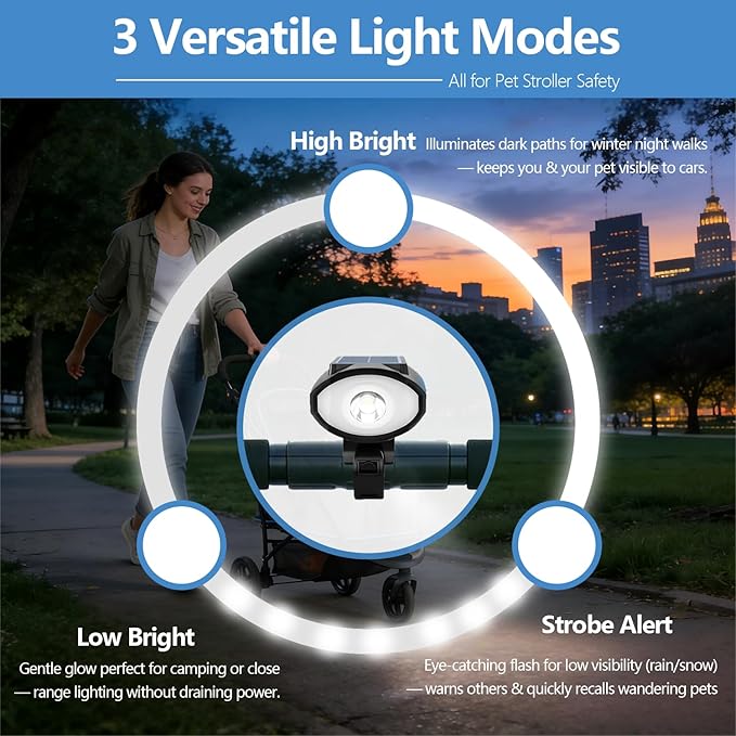 Pet Stroller Light, Solar Powered LED Light for Dog Stroller, Cat Stroller, Wagon – 3 Modes (S/H/F) with Safety Horn, USB Rechargeable, IPX4 Waterproof, Wrap & Hook Strap for Easy Attachment