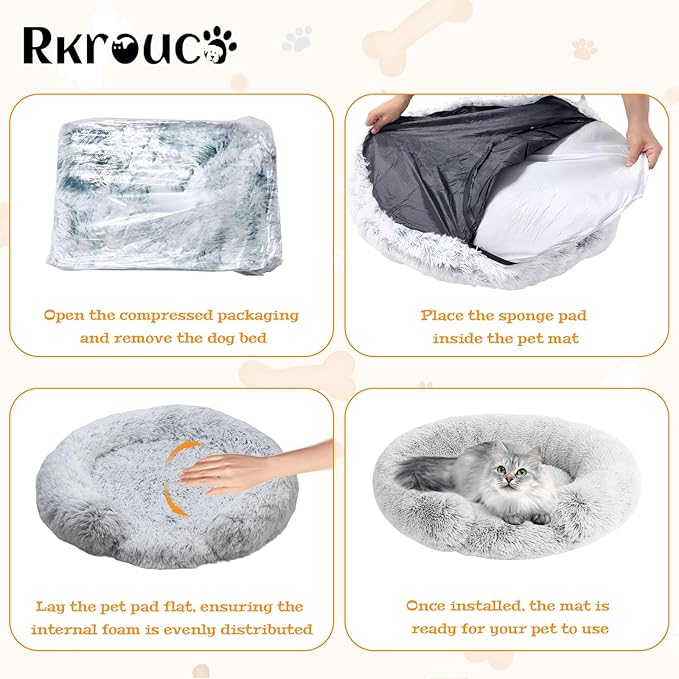 Fluffy Dog Bed Calming Donut Beds for Large Dogs Warming Round Small Medium Pet Nest Cozy Cat Mattress Indoor Washable Puppy Kennel Kittens Sleep Mat (XS, 20×20 inch, Light Gray)