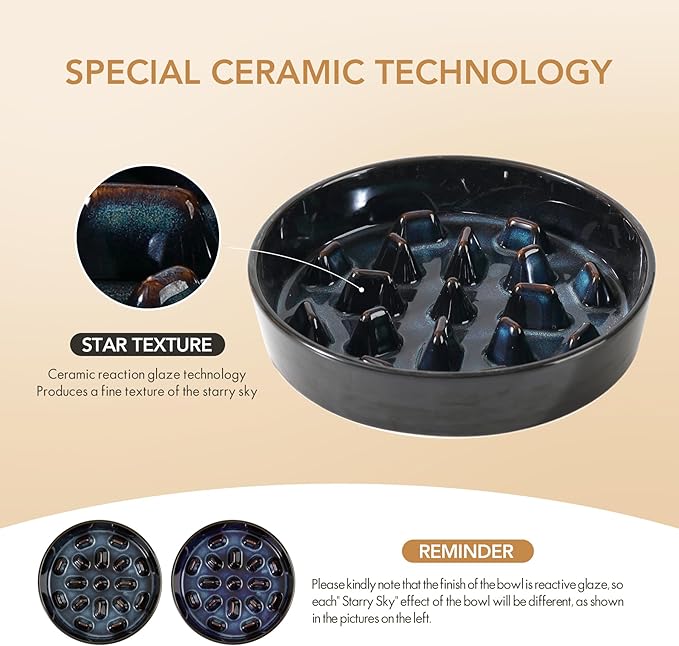 Ceramic 3.2 Cup Raised Slow Feeder Dog Bowl Set, Elevated 8.2inch Bowl and 9.5inch Slow Feeder Dish with Acacia Wood Stand for Large Dog (2 x Starry Sky+ Stand)