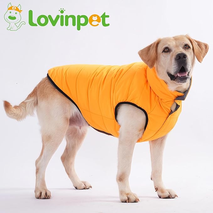 LovinPet Reversible Dog Puffer Coat for Medium & Large Dogs, Down‑Insulated Winter Jacket, Water‑Resistant & Wind‑Resistant, Anti‑Static, Dual-Sided Orange & Grey for Cold Weather,L