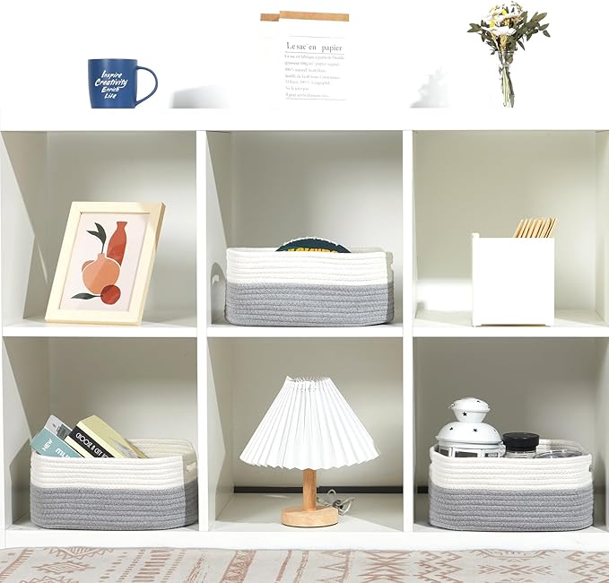Bidtakay Small Cotton Rope Storage Baskets for Organizing 3 Pack Woven Baskets for Storage Closet Organizer Bins for Shleves 11.8×7.8×5 inch Cute Boho Decorative Basket with Handles - White&Grey