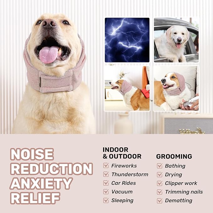 Dog Calming Hoodie, No Shake Ear Wraps for Dogs, Adjustable Dog Ear Muffs for Noise Protection, Ear Wrap Head Cover for Anxiety Relief & Hematoma (Dusty Rose, S(Head Circle:9.8"-14.9"))