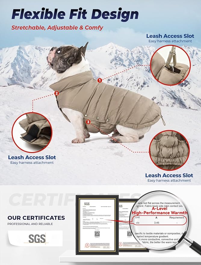 SPACE LION Dog Puffer Jacket, Down Winter Coat, Durable Outdoor Coat for Cold and Windy Conditions, Lightweight & Adjustable Fit Coats for Small Dogs, (Khaki, Size8/XS)