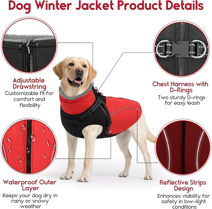 ASENKU Reflective Dog Coat with Built-in Harness, Windproof Fleece-Lined Dog Jacket for Small, Medium, Large Dogs, Warm Winter Vest with Turtleneck & Zipper (Red 2XL)