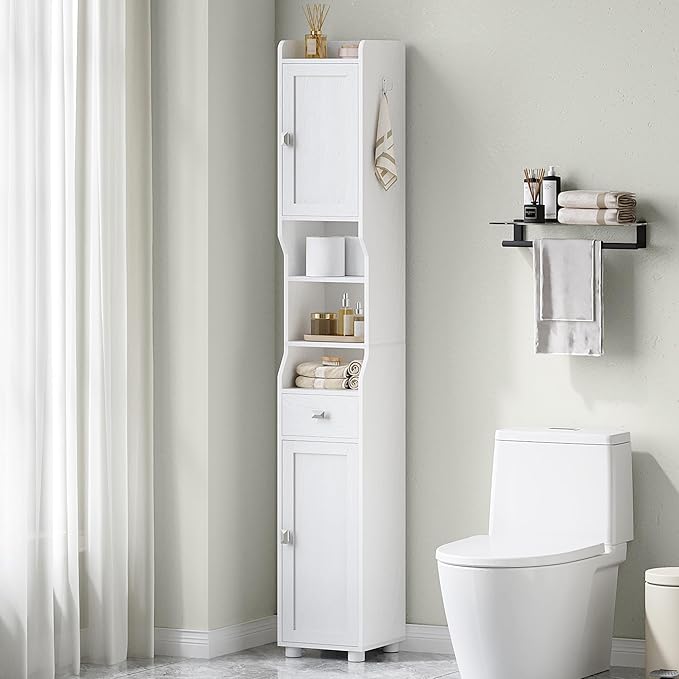 Bathroom Storage Cabinet, Tall Bathroom Cabinet, Freestanding Floor Cabinets with 2 Doors and 1 Drawer, Toilets Organizer with Adjustable Shelf, 1 Hook for Living Room, Kitchen, White 480013X