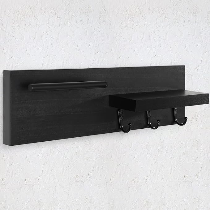Key Holder for Wall, Decorative Entryway Shelf with Hooks Holds Keys, Dog Leash, Sunglasses – Key Hanger with 3 Hooks Organizes, Enhances Home Decor (15” x 4.5” x 2.6”) (Black)