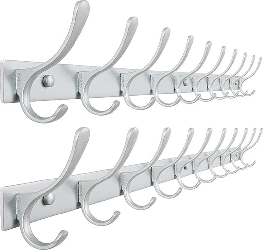 SKOLOO Coat Rack Wall Mounted - 10 Hooks, Pack of 2, Heavy Duty, Stainless Steel, Metal Wall Hangers, Sturdy Coat Hooks for Hanging Coats, Jacket, Clothes, Hat, Cold Light Silver