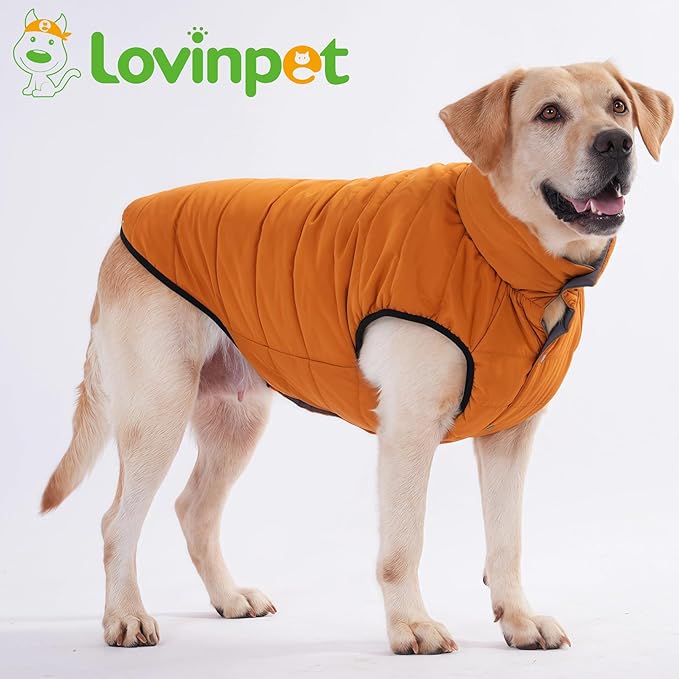 LovinPet Reversible Dog Puffer Coat for Medium & Large Dogs, Down‑Insulated Winter Jacket, Water‑Resistant & Wind‑Resistant, Anti‑Static, Dual-Sided Khaki & Grey for Cold Weather,2XL