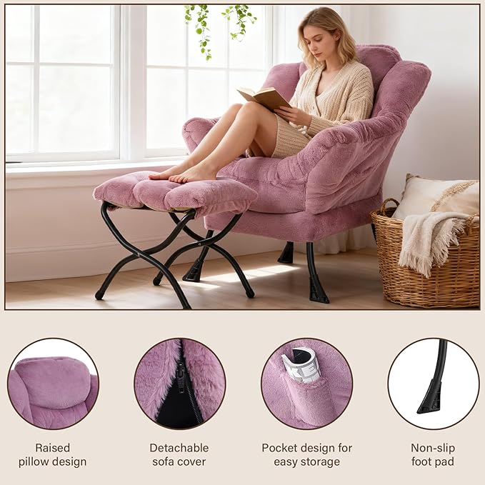 Welnow Lazy Chair with Ottoman, Modern Lounge Accent Chair with Armrests and a Side Pocket, Leisure Sofa Armchair Set, Reading Armchair with Footrest for Small Space, Plush Purple