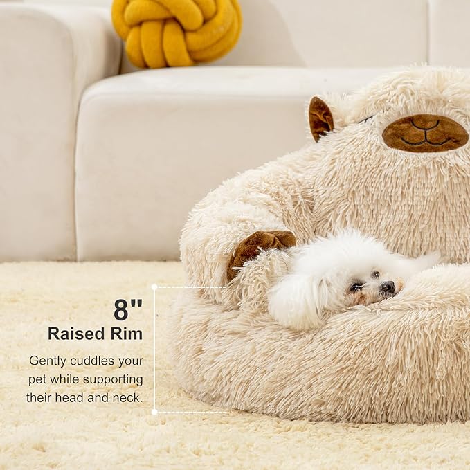 Jiupety Calming Dog and Cat Bed, Cozy Donut Cute Small Dog Beds, Anti Anxiety Round S(20" × 20" × 8") Size for Pets up to 12 lbs, Camel