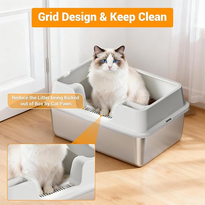 Enclosed Stainless Steel Cat Litter Box with Lid Extra Large Litter Box for Big Cats XL Metal Litter Pan Tray with High Wall Sides Enclosure, Non-Sticky, Anti-Leakage, Easy Cleaning