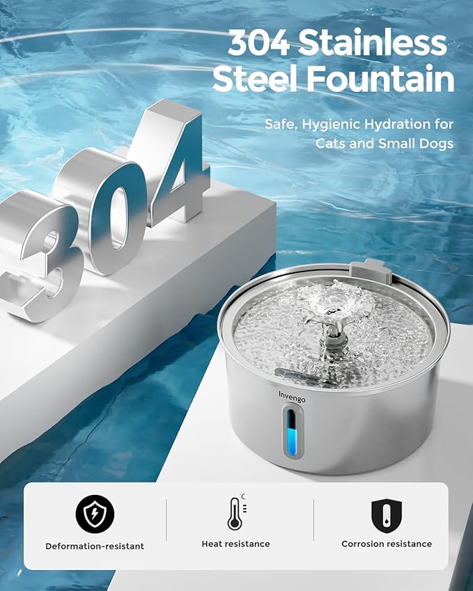 Cat Water Fountain Stainless Steel 3.2L/108oz, Automatic Pet Fountain for Cats & Dogs, Ultra Quiet <25 dB Pump, LED Water Level Window, Easy to Clean
