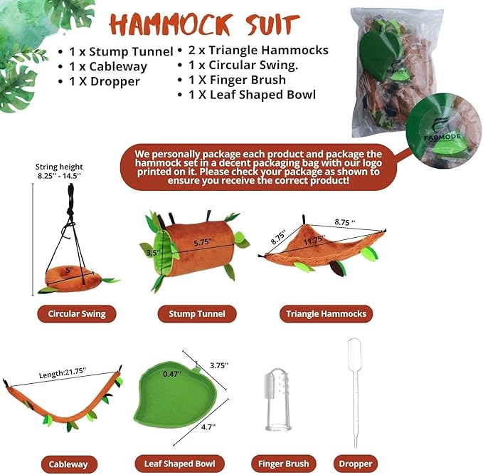 5Pcs Sugar Glider Supplies Cage Accessories Hammock Set Hanging Bed Hideout for Small Animal Pets Hamster Guinea Pig Squirrel Gerbils