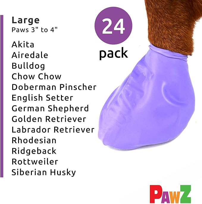 PawZ Rubber Dog Boots for Large Paws - All-Weather Waterproof Dog Shoes, Anti-Slip Traction for Rain, Snow, Mud & Hot Pavement - Pull-On Dog Booties, Purple - Large (3"- 4") - Pack of 24