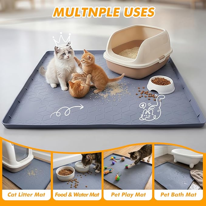 Cat Litter Mats for Floor, 34"x22" Silicone Litter Box Mat with Raised Edges, Highly Effective Litter Trapping Mat for Scatter Control, Non-Slip Waterproof Pad, Easy to Clean & Pet Friendly, Gray