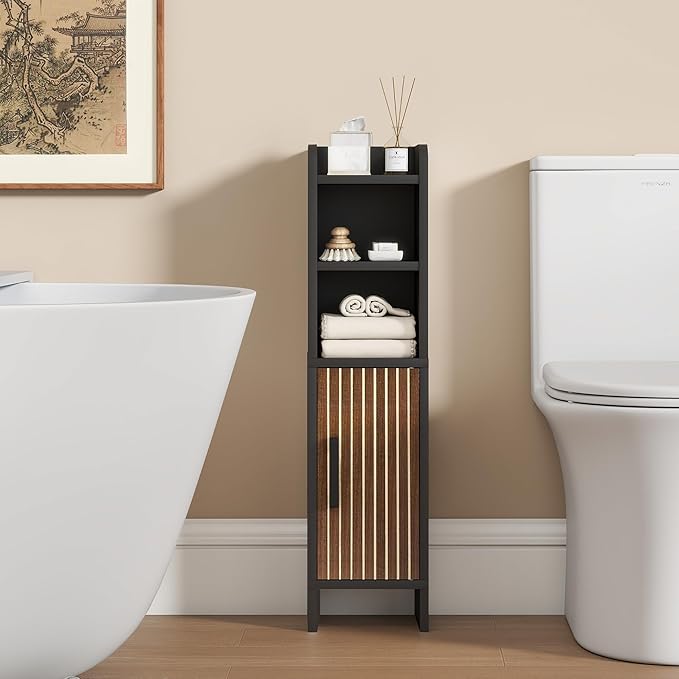 Small Bathroom Storage Corner Floor Cabinet Narrow Toilet Paper Cabinet with Adjustable Shelves Wooden Slim Bathroom Organizers and Storage with Fluted Door for Small Spaces, Black