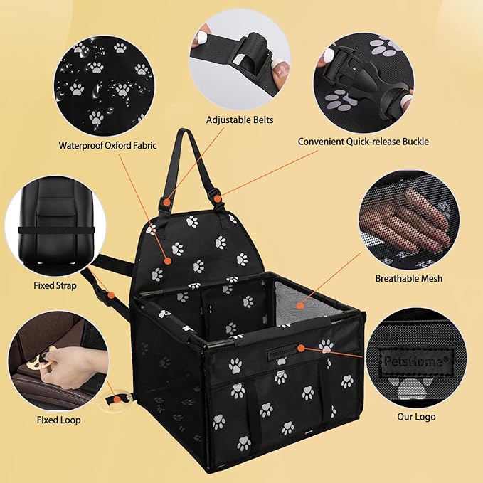 PetsHome Dog Car Seat Foldable Dog Car Booster Seat Waterproof Breathable Oxford Travel Bag for Small to Medium Dogs, Puppies, and Pets-Footprint Black-Upgrade