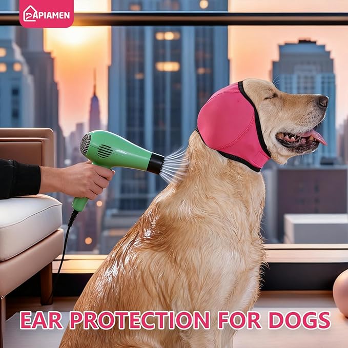 Dog Ear Covers,Dog Ear Muffs Noise Protection No Shake Head Wrap for Bath,Anxiety Relief Quiet Dogs Calming Hoodie,Adjustable Shower Cap Pet Ears for Grooming,Swimming,Hematoma(Fuchsia,S)