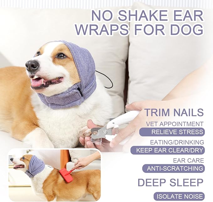 Ear Muffs for Dogs,Calming Hoodie Thunder Head Wrap,No Shake Anxiety Relief Pet Covers Ear Noise Protection Vest for Dogs for Fireworks,Vet Visits,Bathing(Purple,L)