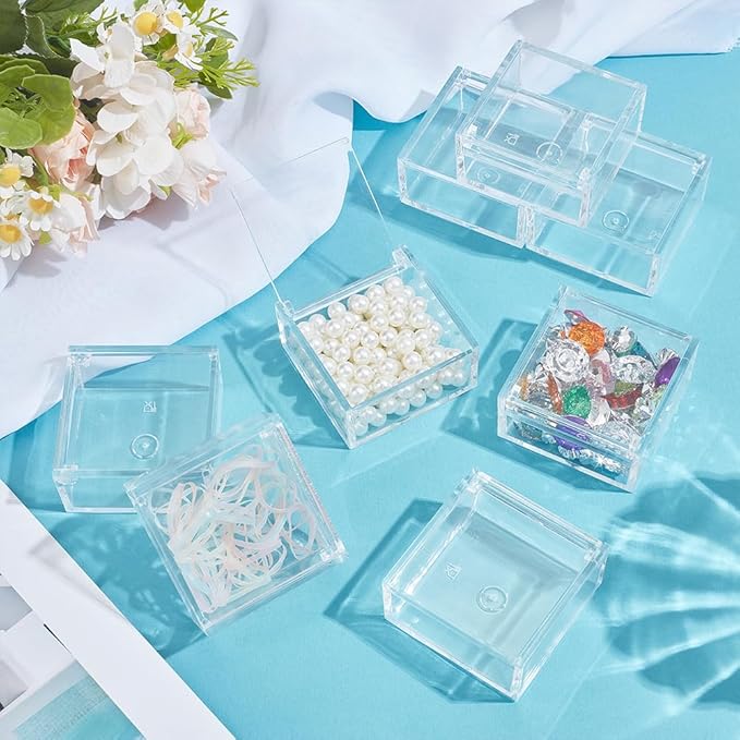 BENECREAT 8Pcs Clear Acrylic Box with Hinged Lid, 2.36x2.36x1.18 Inch Multi-Purpose Square Container Small Storage Box for Staples, Adhesive Tape, Paper Clips, Stamps, Sticky Notes