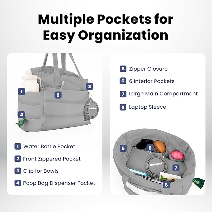 Puffer Dog Travel Bag for Dog Moms – Doggy Diaper Bag with Pet Bowls & Food Storage or Everyday Puffy Tote – Christmas Doggy Mom Gifts for Women – Lightweight, Travel-Ready Gift for Pet Lovers - Grey